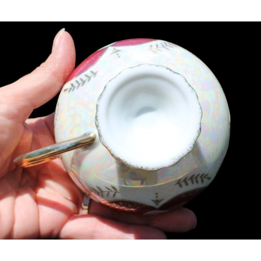 Royal Sealy Vintage Gold & Red Tea Cup & Saucer Set Intricate Cutout Design Perf - Picture 6 of 10
